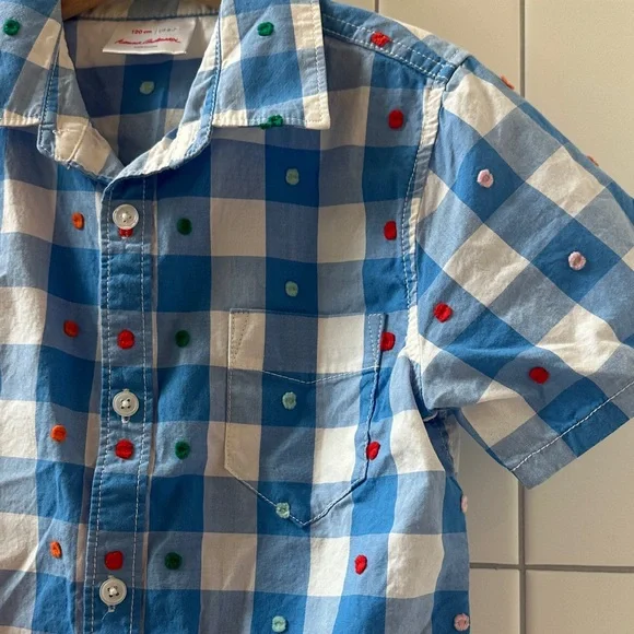Hanna Andersson Blue and White Check Short-Sleeve Button-Down Shirt, size 6-7 - Picture 5 of 7